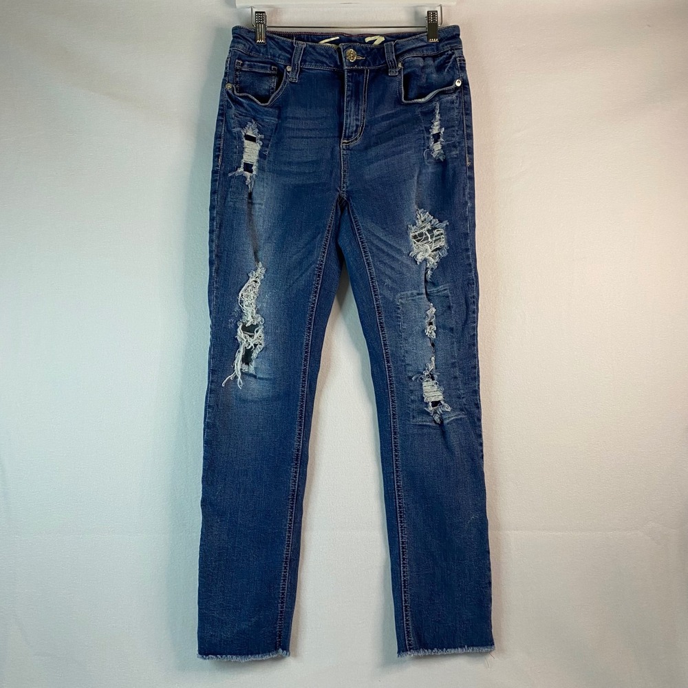 Seven7 Slim‎ Straight Jeans Women's 10 Blue Distressed Raw Hem Denim Pants EUC
